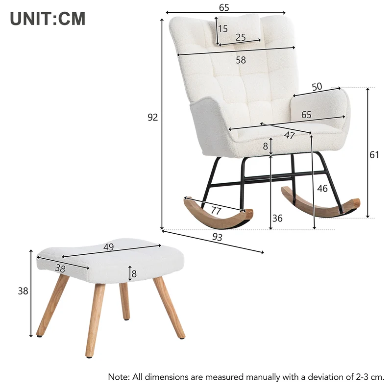 Fauteuil à bascule tissu bouclette blanc 1 oreiller et 1 repose-pieds KEVUINS
