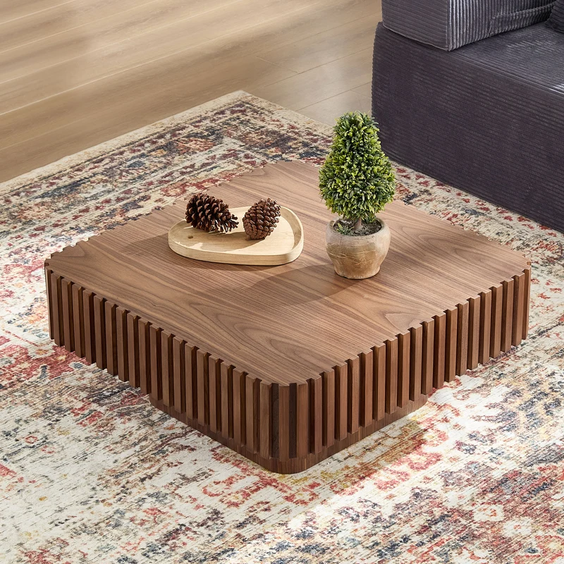 Table basse carré effet bois noyer cadre sculpté 80x80x35cm MOMENTUMFLARE