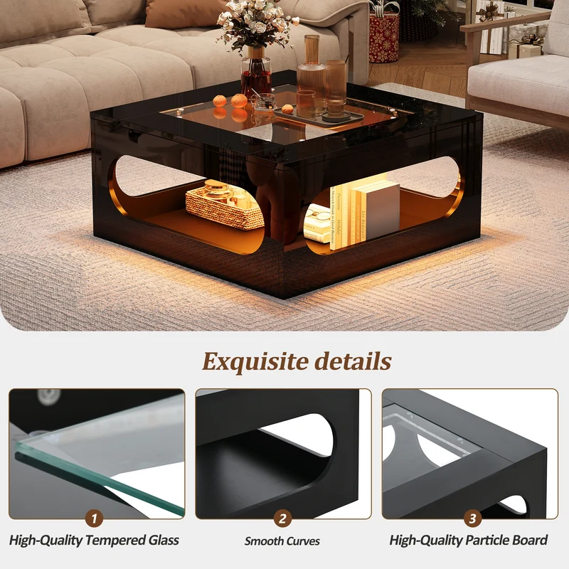 Table basse carrée noire avec plateau en verre trempé et éclairage LED 70x70x35cm UNDERTOW