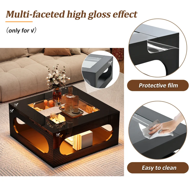 Table basse carrée noire avec plateau en verre trempé et éclairage LED 70x70x35cm UNDERTOW