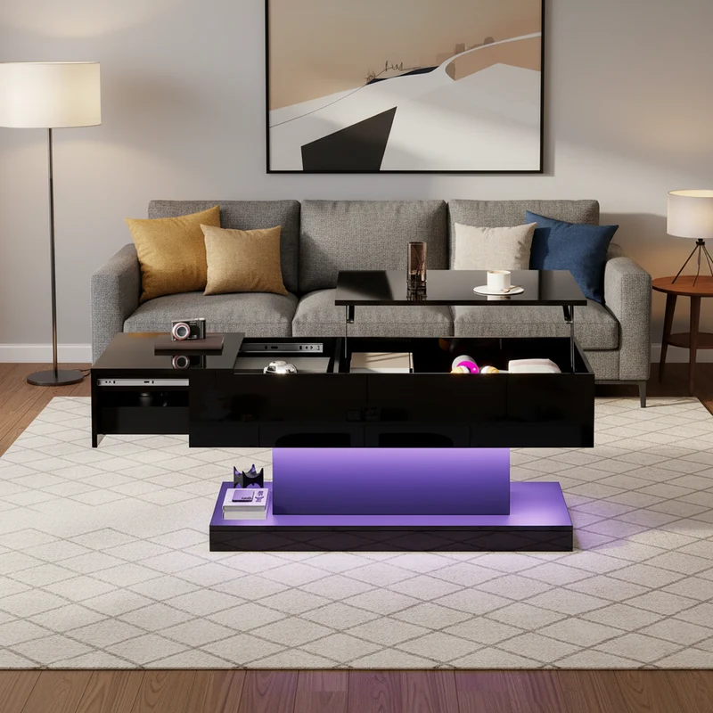 Table basse relevable laqué noire avec éclairage LED 100x50 cm SECRETION