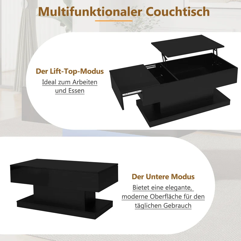 Table basse relevable laqué noire avec éclairage LED 100x50 cm SECRETION
