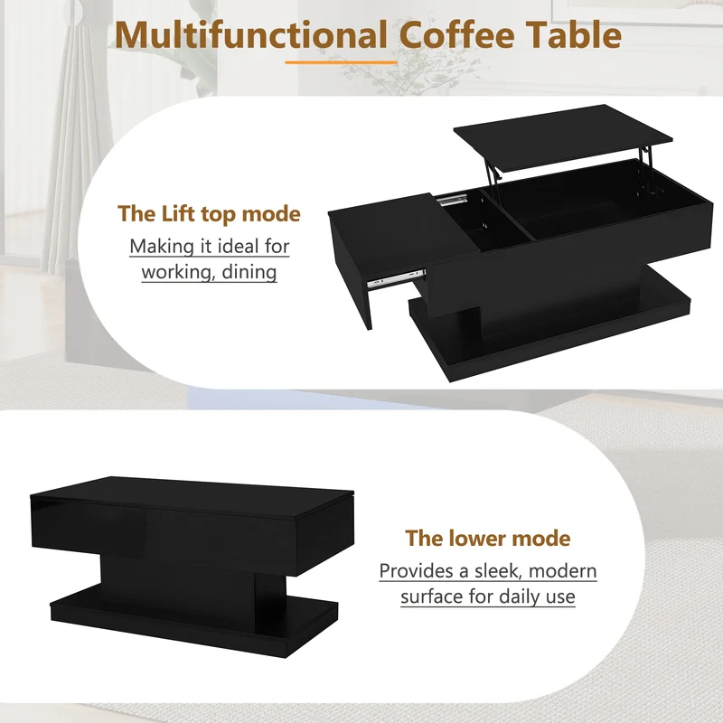 Table basse relevable laqué noire avec éclairage LED 100x50 cm SECRETION