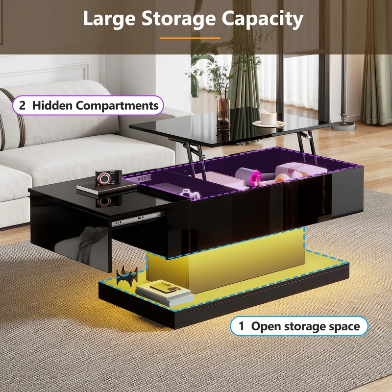 Table basse relevable laqué noire avec éclairage LED 100x50 cm SECRETION