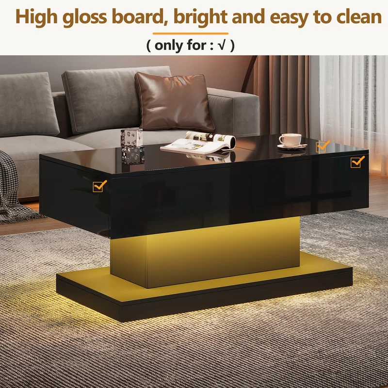Table basse relevable laqué noire avec éclairage LED 100x50 cm SECRETION