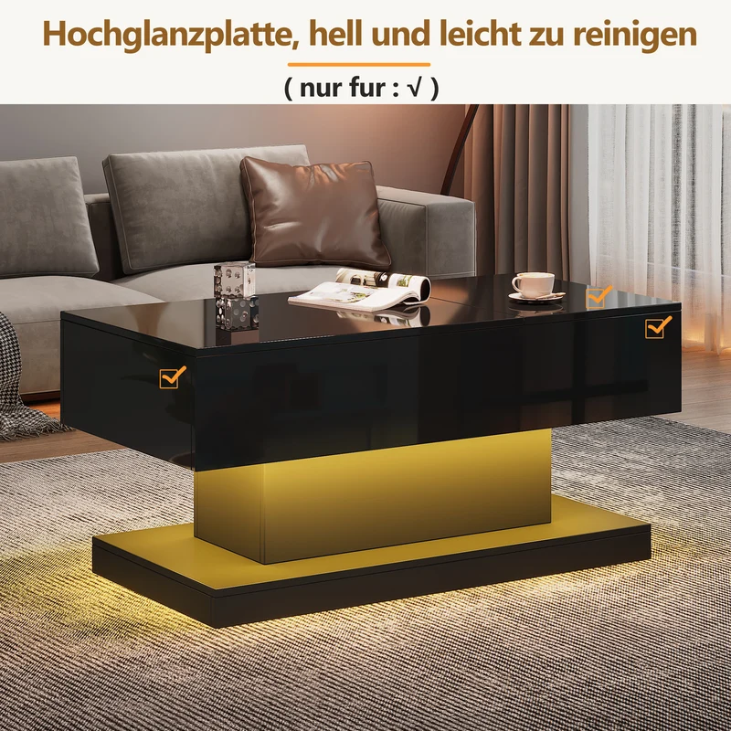 Table basse relevable laqué noire avec éclairage LED 100x50 cm SECRETION