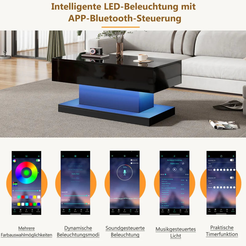 Table basse relevable laqué noire avec éclairage LED 100x50 cm SECRETION
