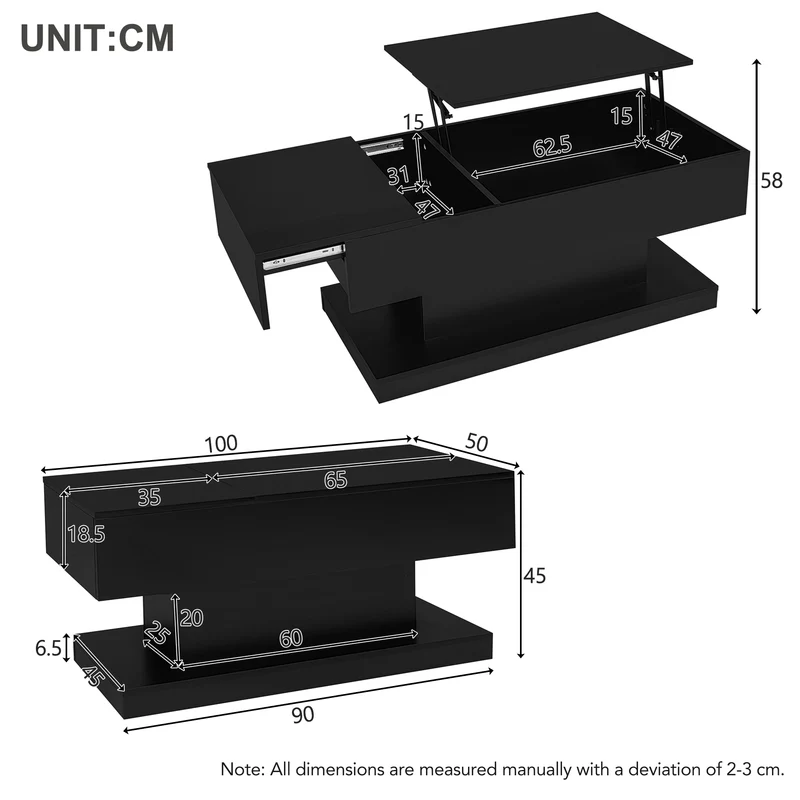 Table basse relevable laqué noire avec éclairage LED 100x50 cm SECRETION