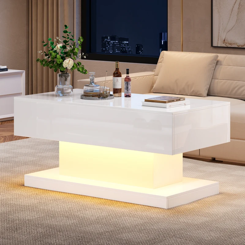 Table basse blanche relevable avec éclairage LED et 1 tiroir 100*50*45cm OIL