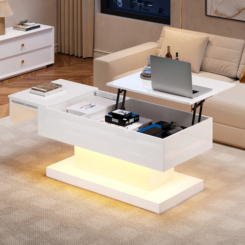 Table basse blanche relevable avec éclairage LED et 1 tiroir 100*50*45cm OIL