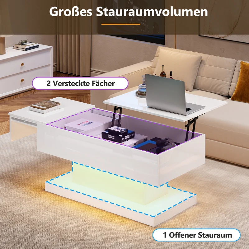 Table basse blanche relevable avec éclairage LED et 1 tiroir 100*50*45cm OIL