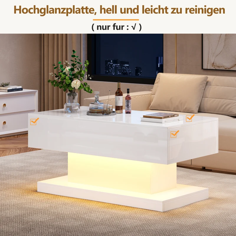 Table basse blanche relevable avec éclairage LED et 1 tiroir 100*50*45cm OIL