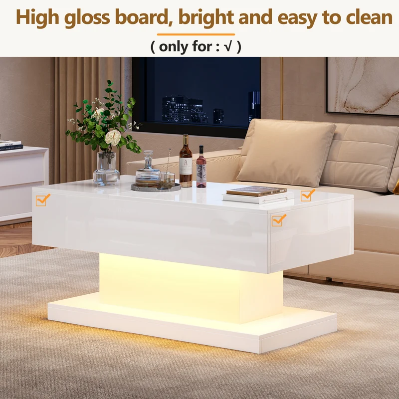 Table basse blanche relevable avec éclairage LED et 1 tiroir 100*50*45cm OIL