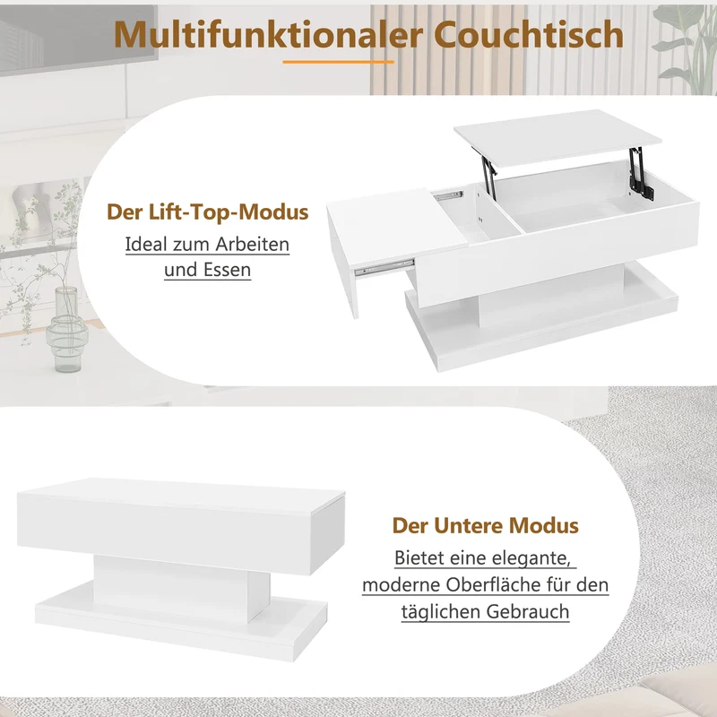 Table basse blanche relevable avec éclairage LED et 1 tiroir 100*50*45cm OIL