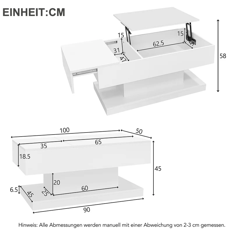 Table basse blanche relevable avec éclairage LED et 1 tiroir 100*50*45cm OIL