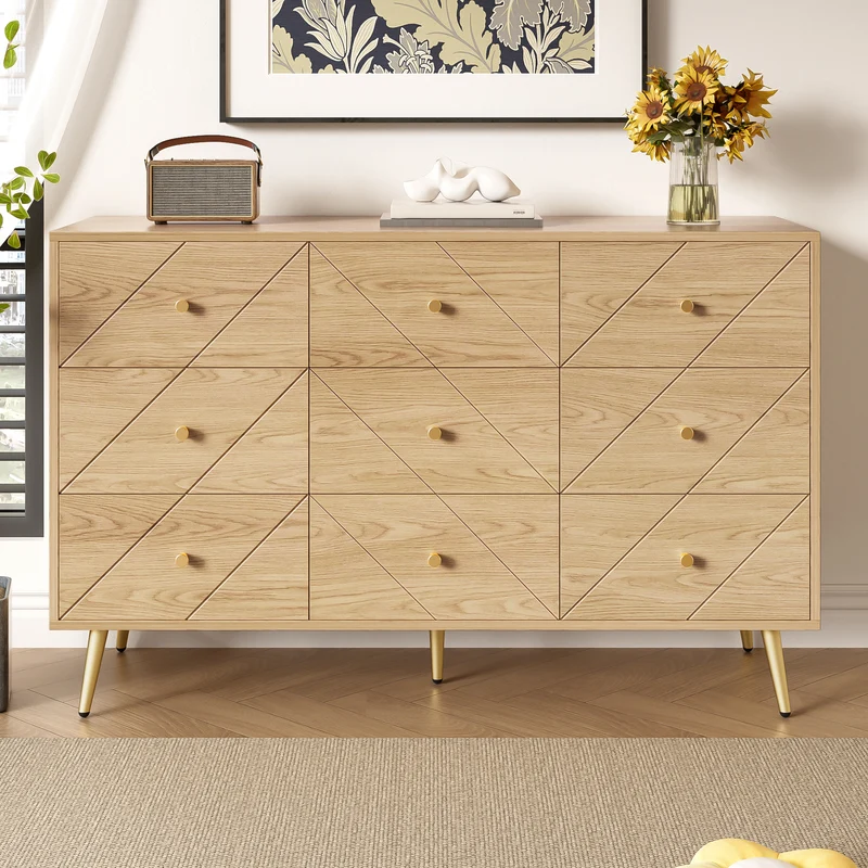 Buffet effet bois motif géométrique et 9 tiroirs accent doré COPAL
