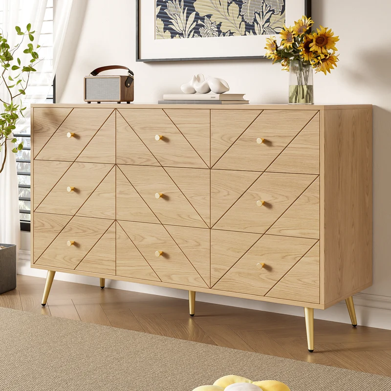 Buffet effet bois motif géométrique et 9 tiroirs accent doré COPAL