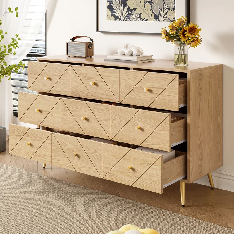 Buffet effet bois motif géométrique et 9 tiroirs accent doré COPAL