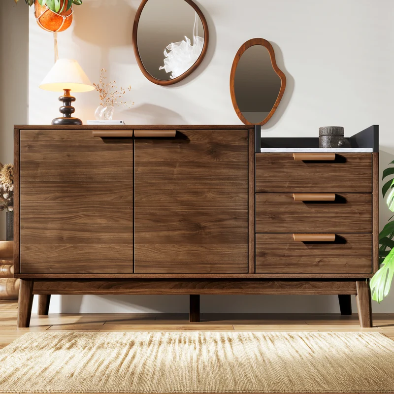 Buffet marron effet bois 2 portes 3 tiroirs effet faux marbre gris blanc GLOBAL