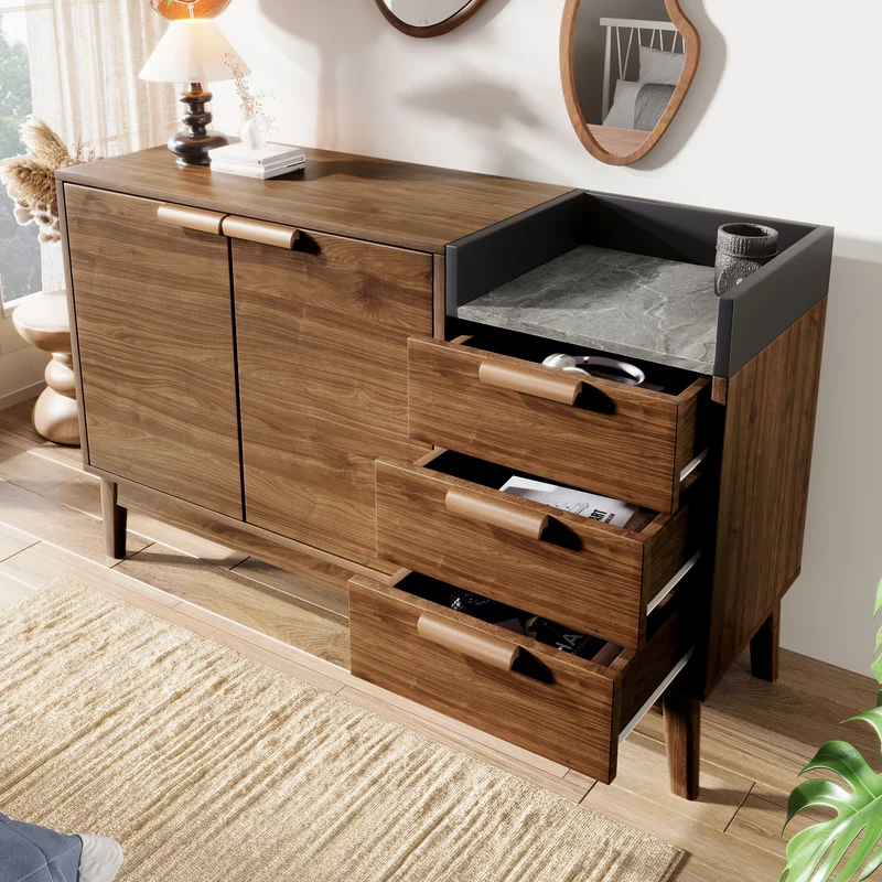 Buffet marron effet bois 2 portes 3 tiroirs effet faux marbre gris blanc GLOBAL