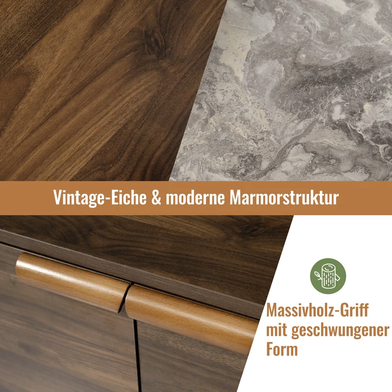 Buffet marron effet bois 2 portes 3 tiroirs effet faux marbre gris blanc GLOBAL