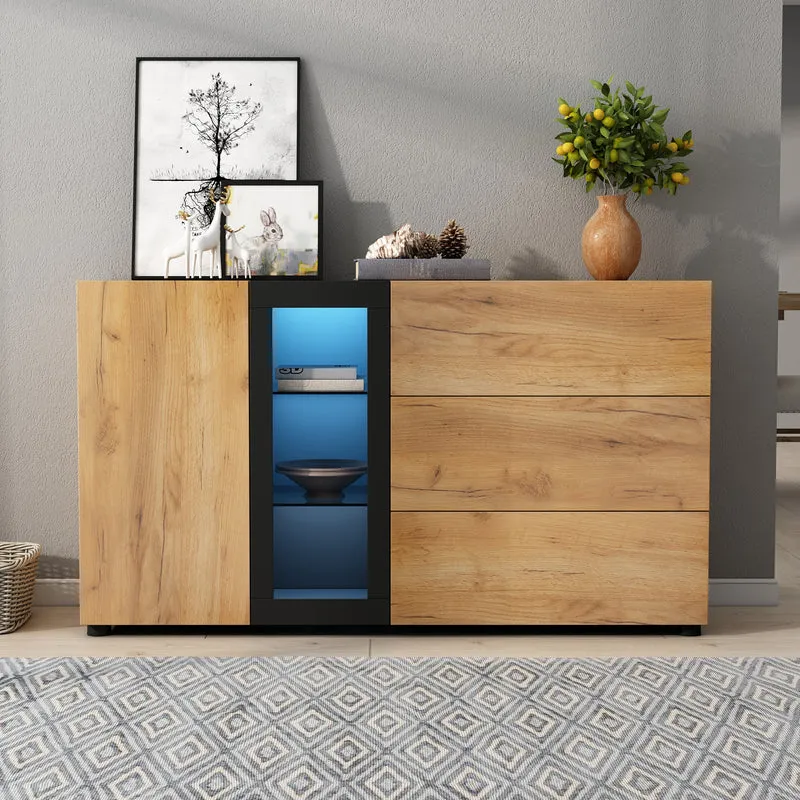 Buffet effet bois avec vitrine éclairage LED 3 tiroirs GHURGAX