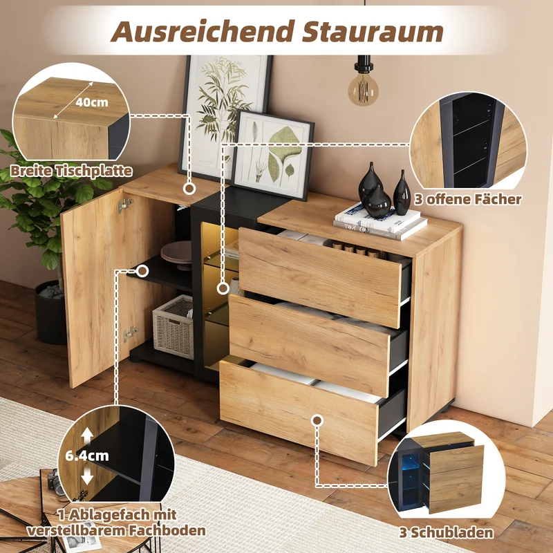 Buffet effet bois avec vitrine éclairage LED 3 tiroirs GHURGAX