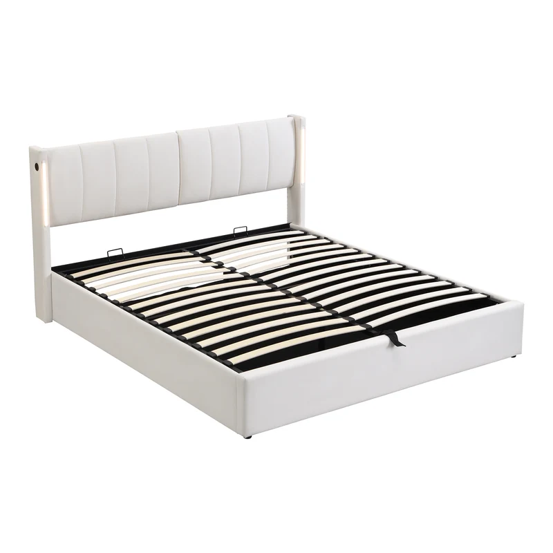 Lit coffre double PU blanc avec éclairage LED, USB et tête de lit réglable (160x200 cm) UDET WHITE KING