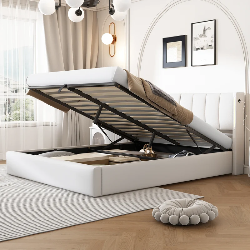 Lit coffre double PU blanc avec éclairage LED, USB et tête de lit réglable (160x200 cm) UDET WHITE KING