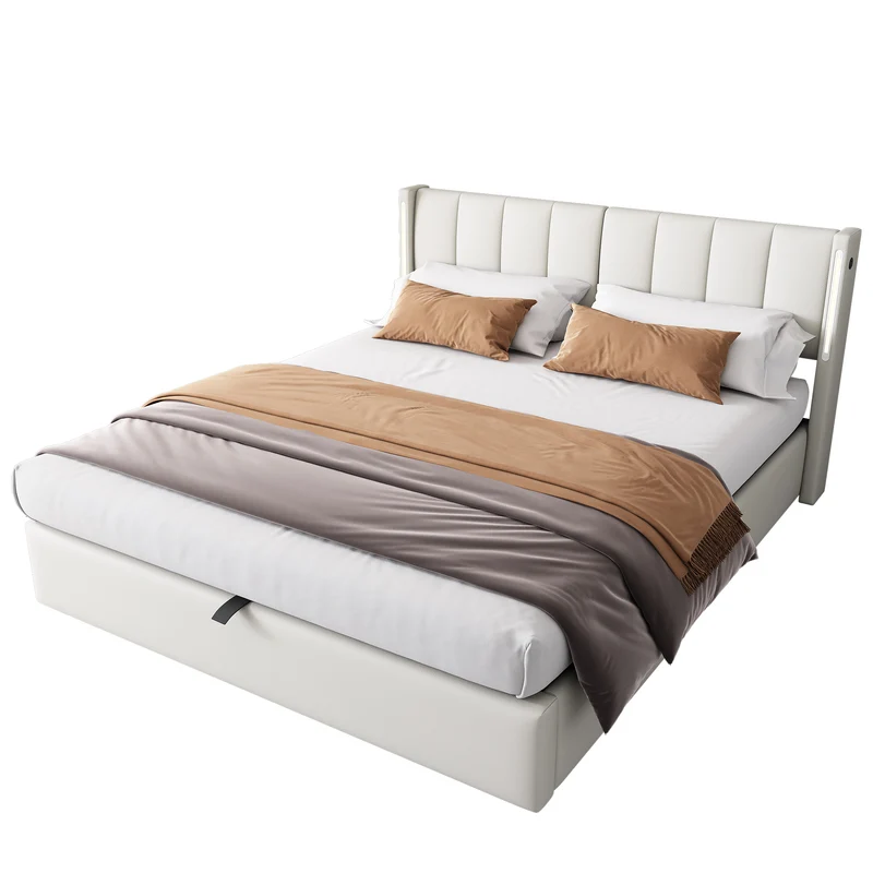 Lit coffre double PU blanc avec éclairage LED, USB et tête de lit réglable (160x200 cm) UDET WHITE KING