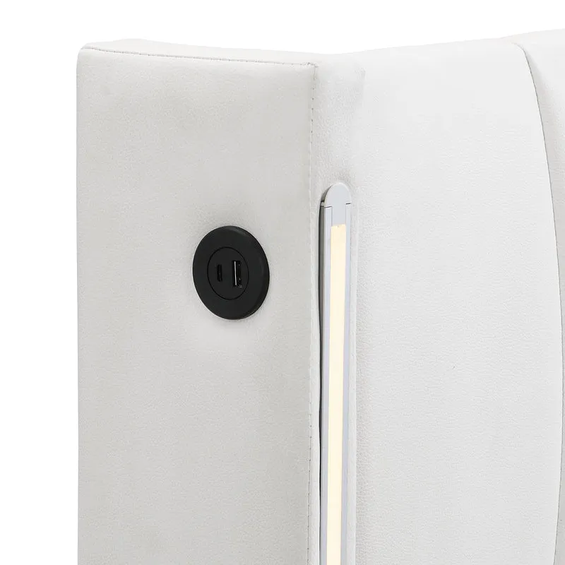 Lit coffre double PU blanc avec éclairage LED, USB et tête de lit réglable (160x200 cm) UDET WHITE KING