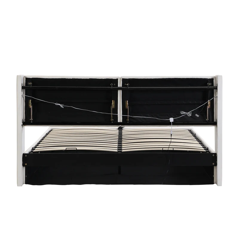 Lit coffre double PU blanc avec éclairage LED, USB et tête de lit réglable (160x200 cm) UDET WHITE KING
