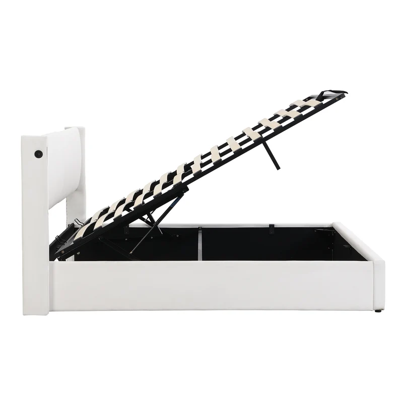Lit coffre double PU blanc avec éclairage LED, USB et tête de lit réglable (160x200 cm) UDET WHITE KING