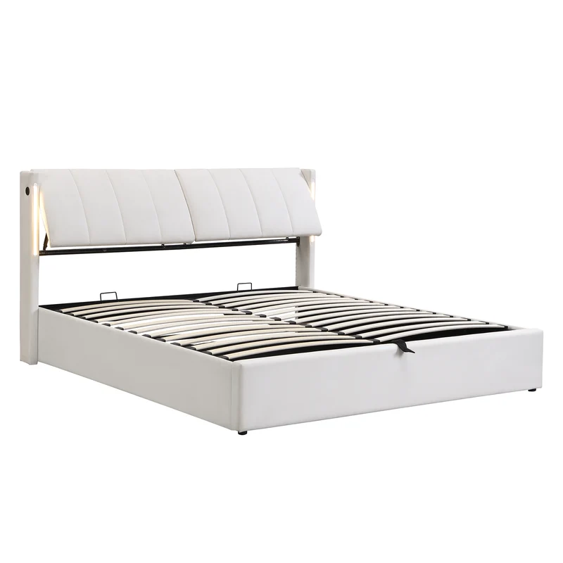 Lit coffre double PU blanc avec éclairage LED, USB et tête de lit réglable (160x200 cm) UDET WHITE KING