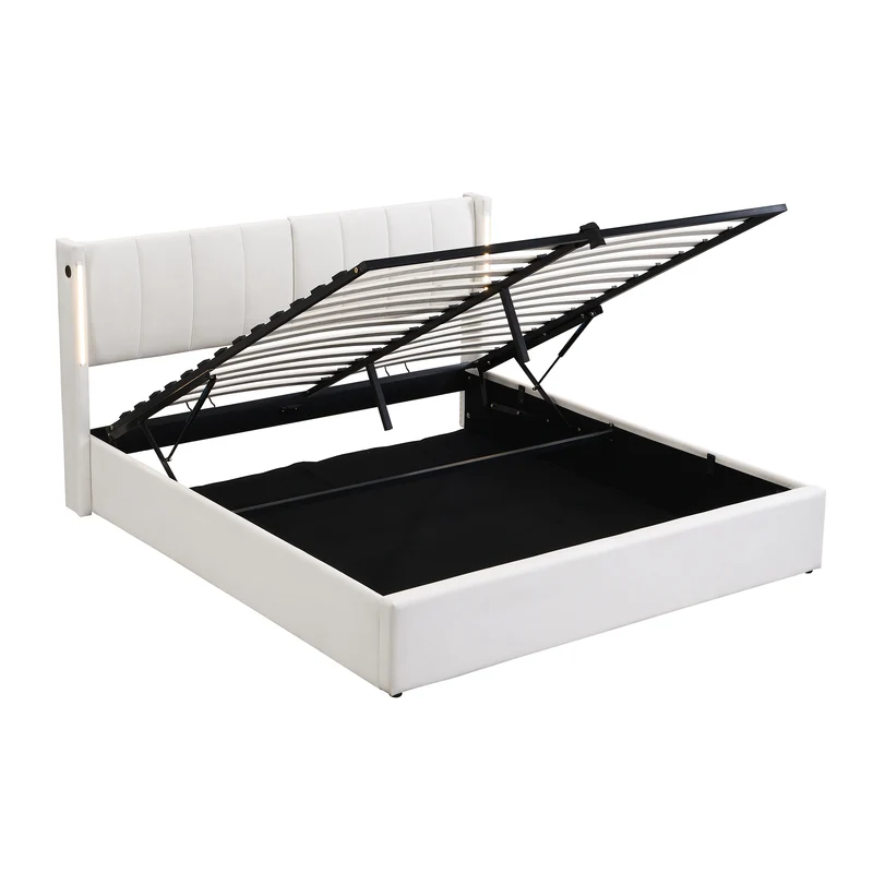 Lit coffre double PU blanc avec éclairage LED, USB et tête de lit réglable (160x200 cm) UDET WHITE KING