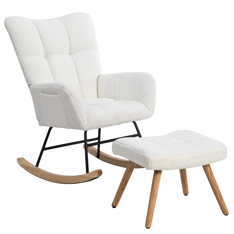 Chaise à bascule en polaire effet peluche blanche dossier haut avec repose-pieds TRAGNIELS