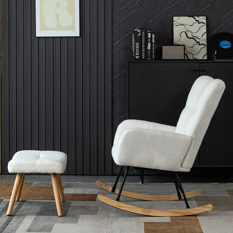 Chaise à bascule en polaire effet peluche blanche dossier haut avec repose-pieds TRAGNIELS