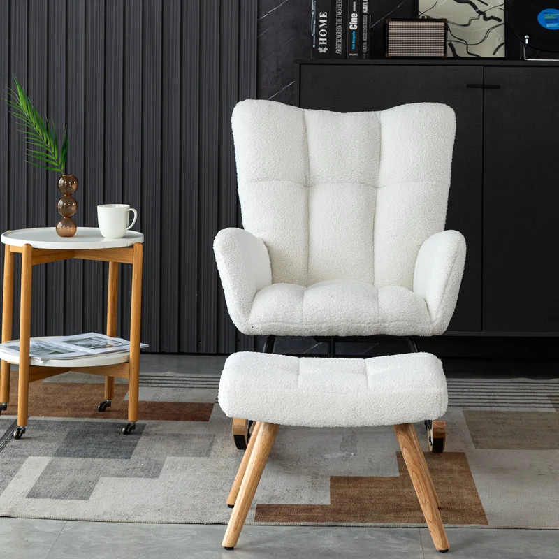 Chaise à bascule en polaire effet peluche blanche dossier haut avec repose-pieds TRAGNIELS