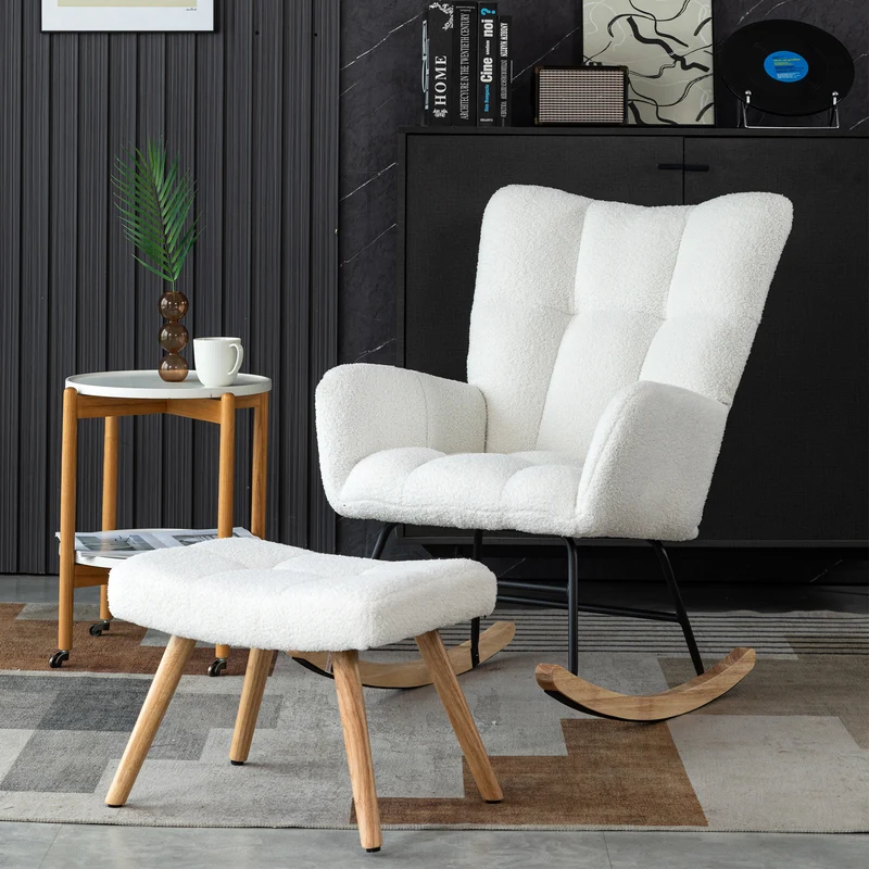 Chaise à bascule en polaire effet peluche blanche dossier haut avec repose-pieds TRAGNIELS