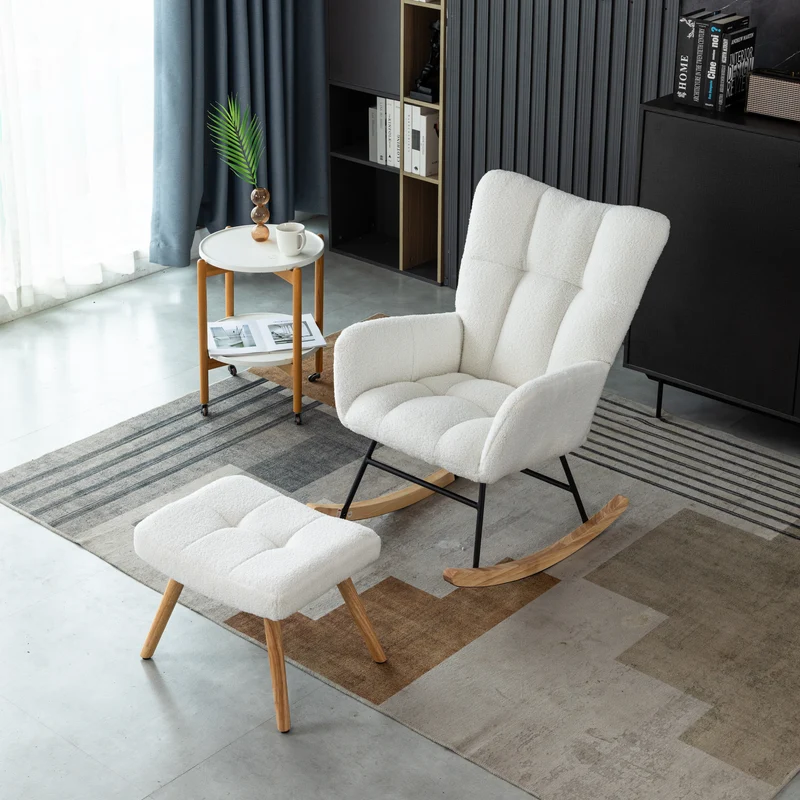 Chaise à bascule en polaire effet peluche blanche dossier haut avec repose-pieds TRAGNIELS