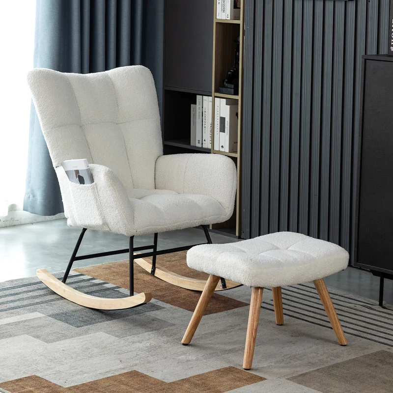 Chaise à bascule en polaire effet peluche blanche dossier haut avec repose-pieds TRAGNIELS