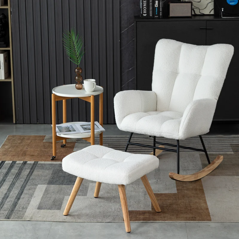 Chaise à bascule en polaire effet peluche blanche dossier haut avec repose-pieds TRAGNIELS