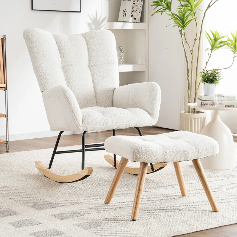 Chaise à bascule en polaire effet peluche blanche dossier haut avec repose-pieds TRAGNIELS