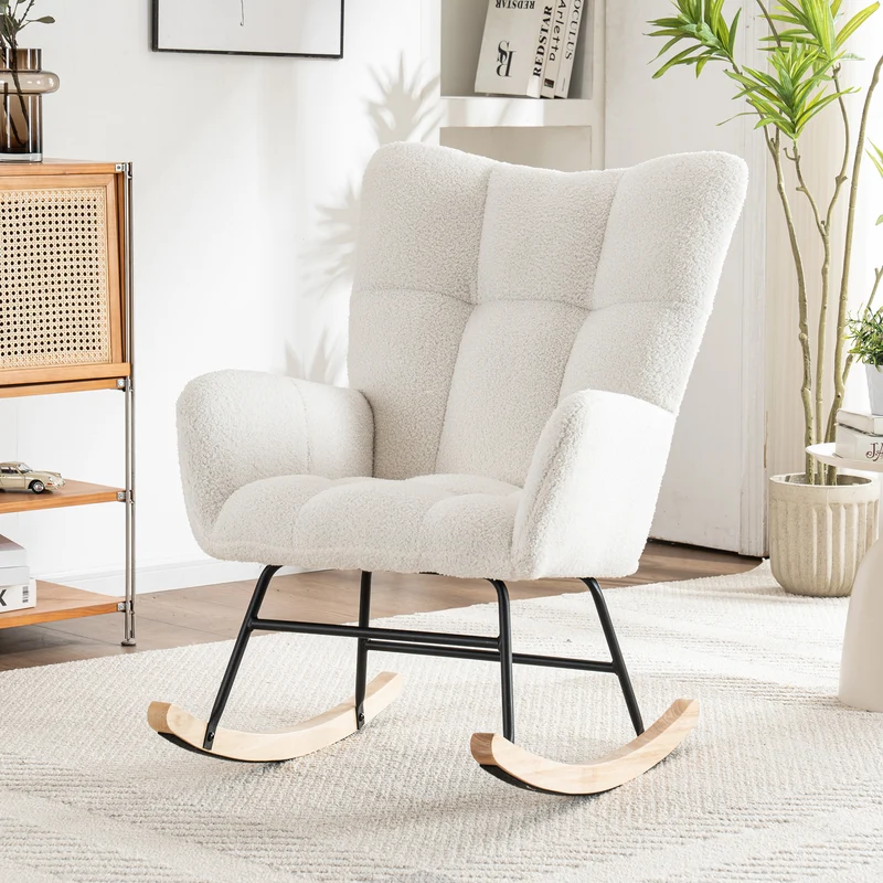 Chaise à bascule en polaire effet peluche blanche dossier haut avec repose-pieds TRAGNIELS