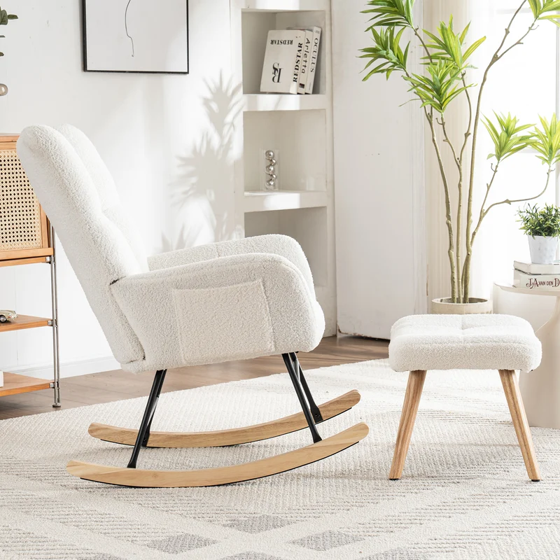 Chaise à bascule en polaire effet peluche blanche dossier haut avec repose-pieds TRAGNIELS