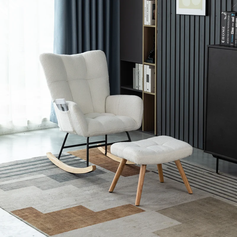 Chaise à bascule en polaire effet peluche blanche dossier haut avec repose-pieds TRAGNIELS
