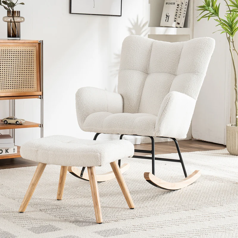 Chaise à bascule en polaire effet peluche blanche dossier haut avec repose-pieds TRAGNIELS