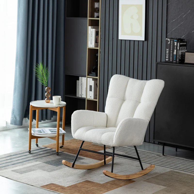 Chaise à bascule en polaire effet peluche blanche dossier haut avec repose-pieds TRAGNIELS