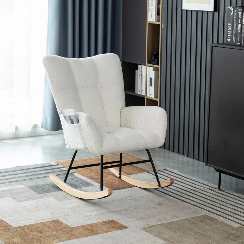 Chaise à bascule en polaire effet peluche blanche dossier haut avec repose-pieds TRAGNIELS