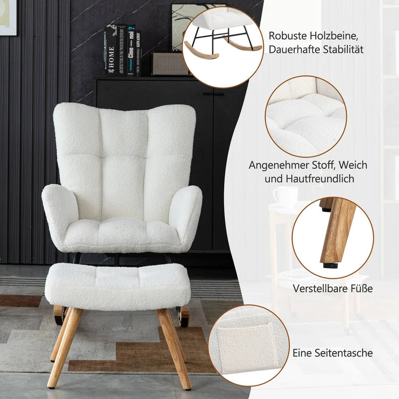Chaise à bascule en polaire effet peluche blanche dossier haut avec repose-pieds TRAGNIELS